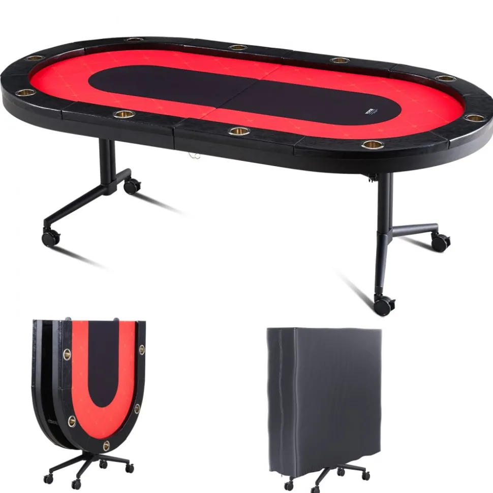 VEVOR 10 Player Foldable Poker Table, Blackjack Texas Holdem Poker Table with Padded Rails and Stainless Steel Cup Holders, Portable Folding Card Board Game Table, 90" Oval Casino Leisure Table