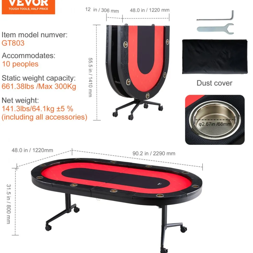 VEVOR 10 Player Foldable Poker Table, Blackjack Texas Holdem Poker Table with Padded Rails and Stainless Steel Cup Holders, Portable Folding Card Board Game Table, 90" Oval Casino Leisure Table