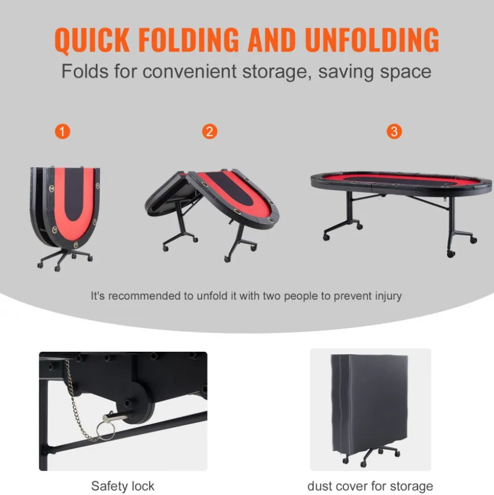 VEVOR 10 Player Foldable Poker Table, Blackjack Texas Holdem Poker Table with Padded Rails and Stainless Steel Cup Holders, Portable Folding Card Board Game Table, 90" Oval Casino Leisure Table