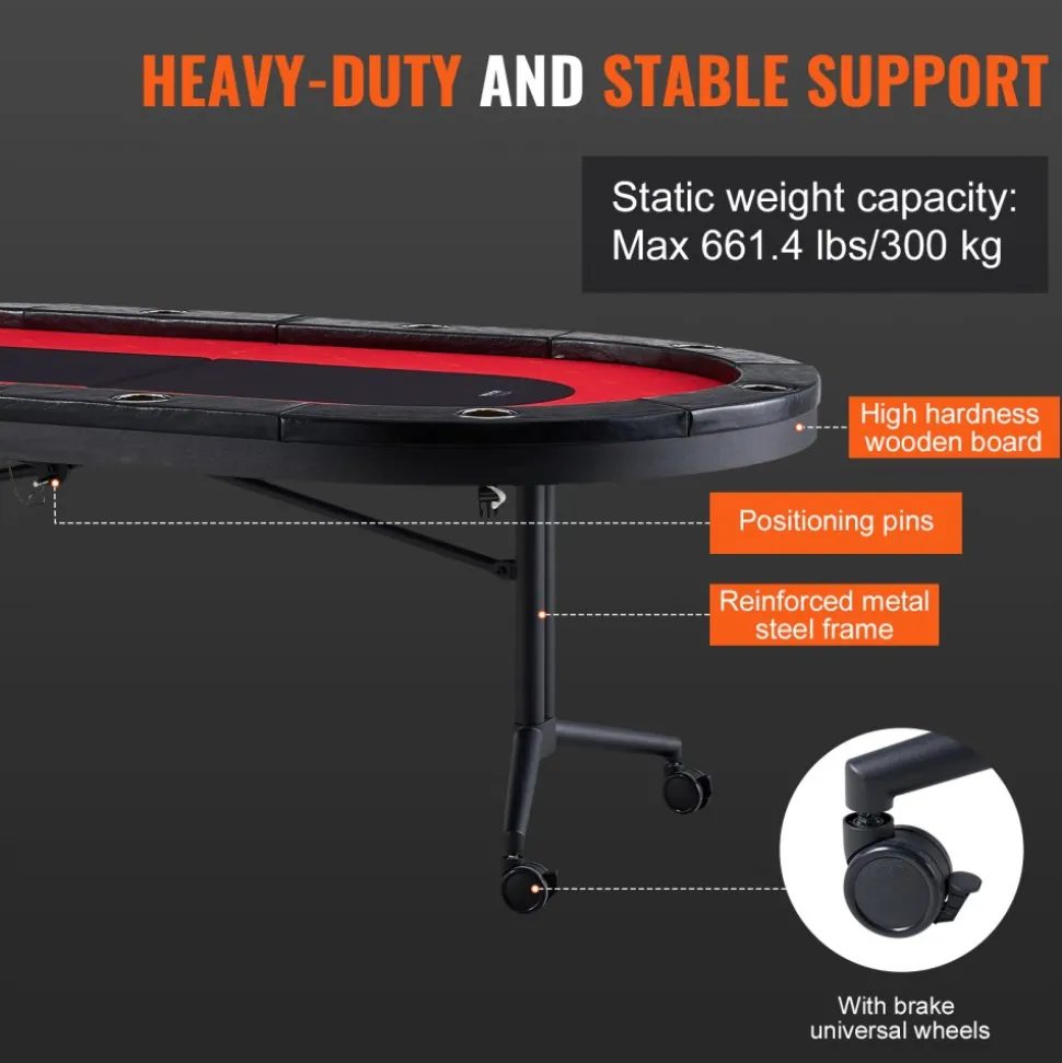 VEVOR 10 Player Foldable Poker Table, Blackjack Texas Holdem Poker Table with Padded Rails and Stainless Steel Cup Holders, Portable Folding Card Board Game Table, 90" Oval Casino Leisure Table
