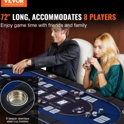 VEVOR 8 Player Foldable Poker Table, Blackjack Texas Holdem Poker Table with Padded Rails and Stainless Steel Cup Holders, Portable Folding Card Board Game Table, 72" Oval Casino Leisure Table, Blue