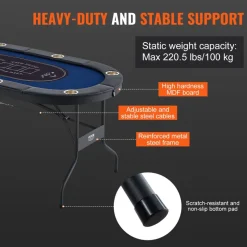 VEVOR 8 Player Foldable Poker Table, Blackjack Texas Holdem Poker Table with Padded Rails and Stainless Steel Cup Holders, Portable Folding Card Board Game Table, 72" Oval Casino Leisure Table, Blue
