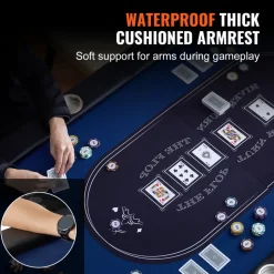 VEVOR 8 Player Foldable Poker Table, Blackjack Texas Holdem Poker Table with Padded Rails and Stainless Steel Cup Holders, Portable Folding Card Board Game Table, 72
