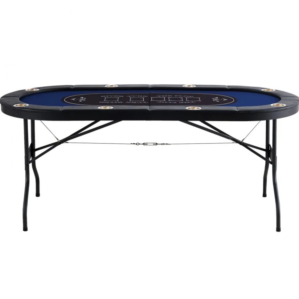 VEVOR 8 Player Foldable Poker Table, Blackjack Texas Holdem Poker Table with Padded Rails and Stainless Steel Cup Holders, Portable Folding Card Board Game Table, 72" Oval Casino Leisure Table, Blue