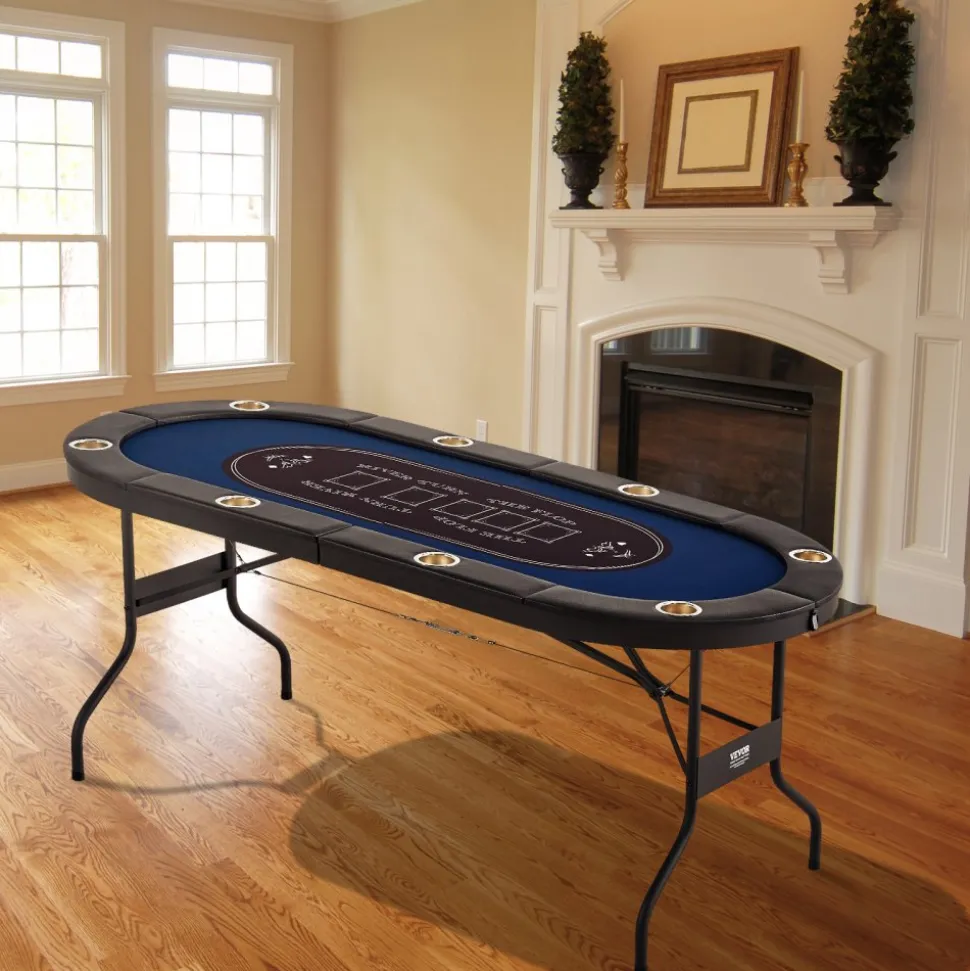 VEVOR 8 Player Foldable Poker Table, Blackjack Texas Holdem Poker Table with Padded Rails and Stainless Steel Cup Holders, Portable Folding Card Board Game Table, 72" Oval Casino Leisure Table, Blue