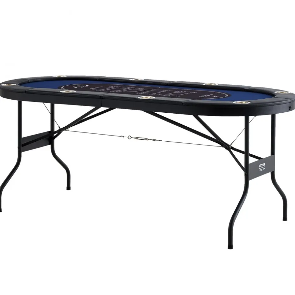 VEVOR 8 Player Foldable Poker Table, Blackjack Texas Holdem Poker Table with Padded Rails and Stainless Steel Cup Holders, Portable Folding Card Board Game Table, 72" Oval Casino Leisure Table, Blue