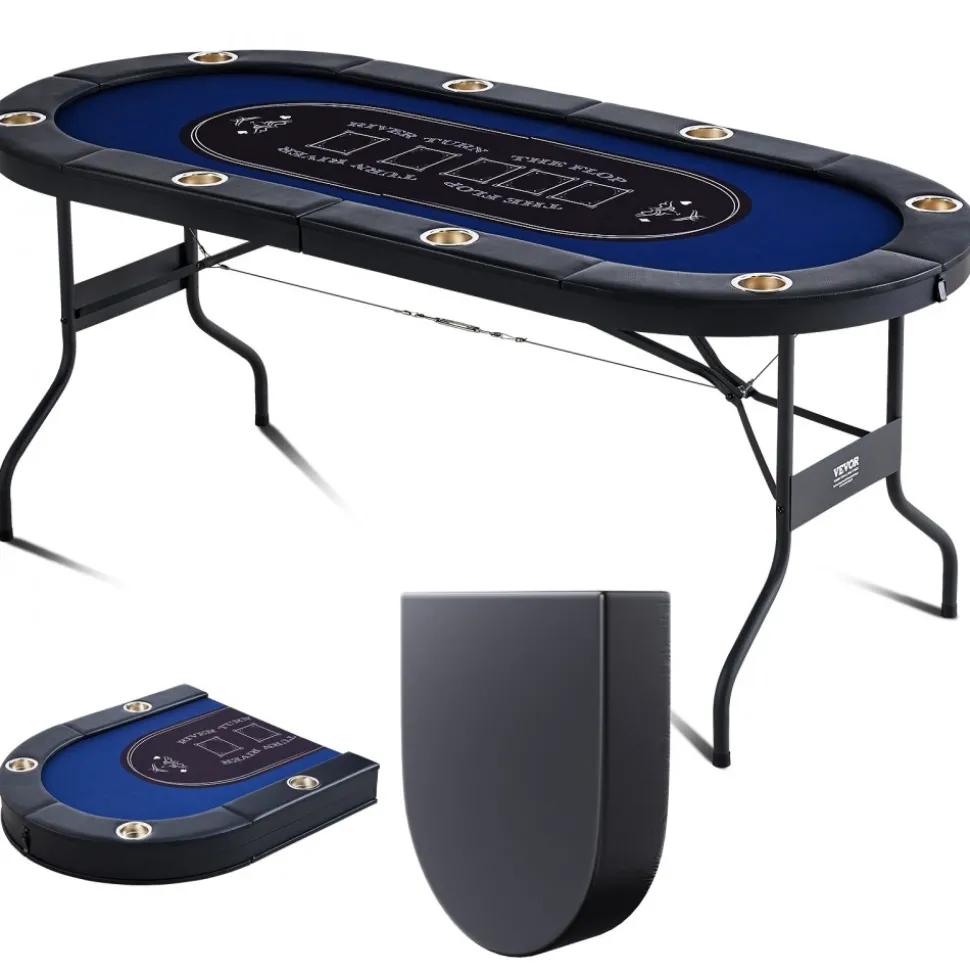 VEVOR 8 Player Foldable Poker Table, Blackjack Texas Holdem Poker Table with Padded Rails and Stainless Steel Cup Holders, Portable Folding Card Board Game Table, 72" Oval Casino Leisure Table, Blue