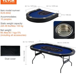VEVOR 10 Player Foldable Poker Table, Blackjack Texas Holdem Poker Table with Padded Rails and Stainless Steel Cup Holders, Portable Folding Card Board Game Table, 84" Oval Casino Leisure Table