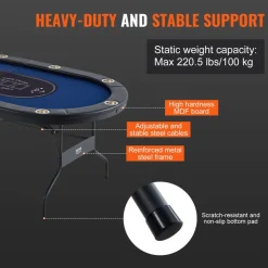 VEVOR 10 Player Foldable Poker Table, Blackjack Texas Holdem Poker Table with Padded Rails and Stainless Steel Cup Holders, Portable Folding Card Board Game Table, 84