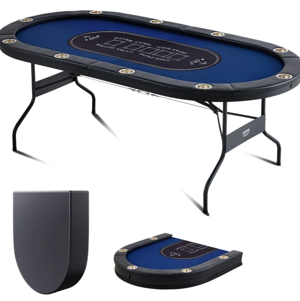 VEVOR 10 Player Foldable Poker Table, Blackjack Texas Holdem Poker Table with Padded Rails and Stainless Steel Cup Holders, Portable Folding Card Board Game Table, 84" Oval Casino Leisure Table