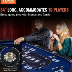 VEVOR 10 Player Foldable Poker Table, Blackjack Texas Holdem Poker Table with Padded Rails and Stainless Steel Cup Holders, Portable Folding Card Board Game Table, 84
