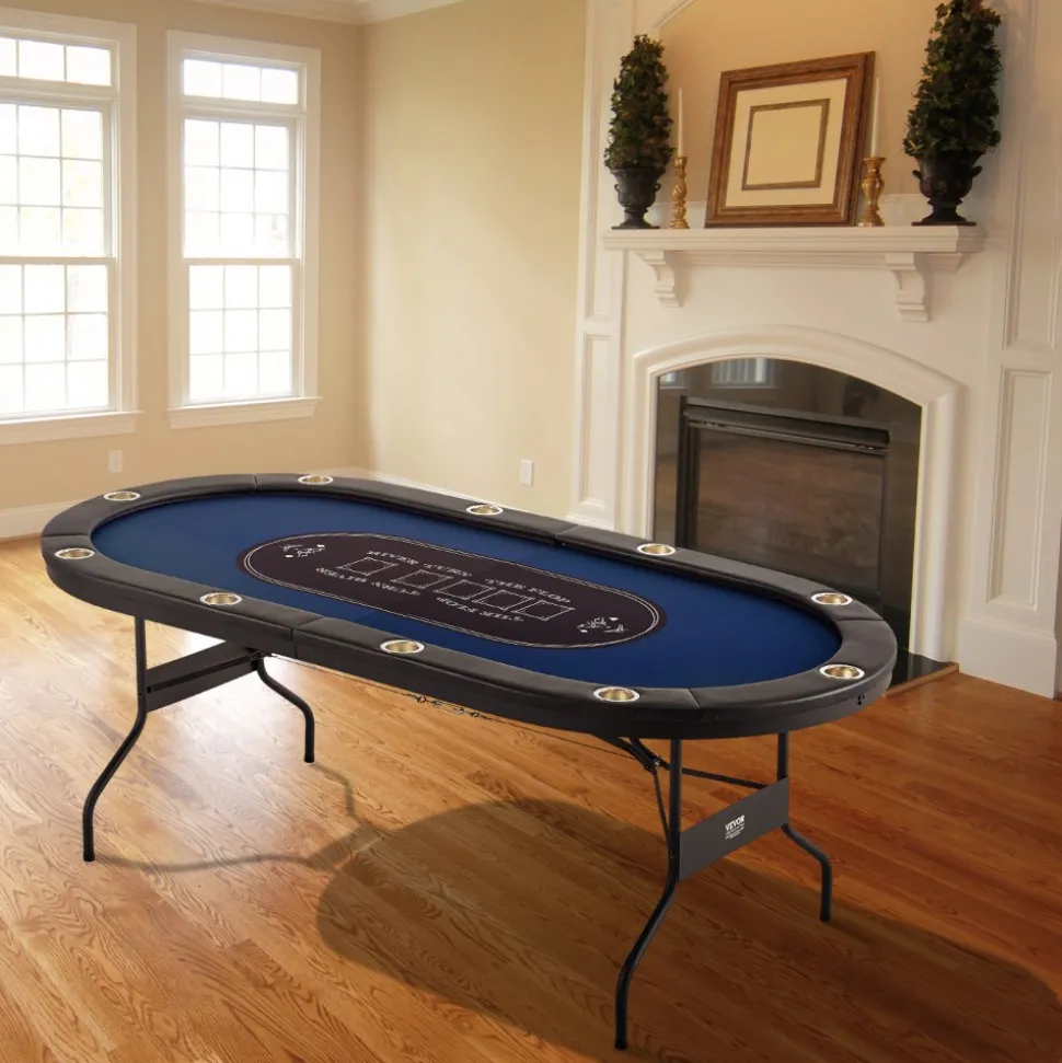 VEVOR 10 Player Foldable Poker Table, Blackjack Texas Holdem Poker Table with Padded Rails and Stainless Steel Cup Holders, Portable Folding Card Board Game Table, 84" Oval Casino Leisure Table