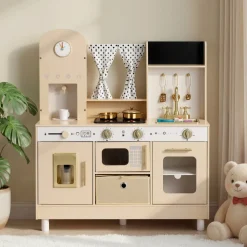 VEVOR Play Kitchen for Kids, Wooden, Kids Kitchen Playset with Realistic Lights & Sounds, Food & Cookware, Modern Style Pretend Play Toy Set, Ice Maker, Microwave, for Toddlers, Girls & Boys Ages 3-8