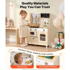 VEVOR Play Kitchen for Kids, Wooden, Kids Kitchen Playset with Realistic Lights & Sounds, Food & Cookware, Modern Style Pretend Play Toy Set, Ice Maker, Microwave, for Toddlers, Girls & Boys Ages 3-8