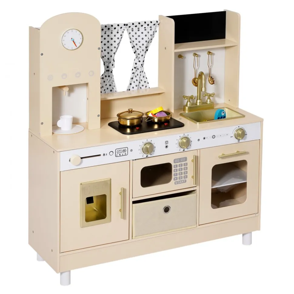 VEVOR Play Kitchen for Kids, Wooden, Kids Kitchen Playset with Realistic Lights & Sounds, Food & Cookware, Modern Style Pretend Play Toy Set, Ice Maker, Microwave, for Toddlers, Girls & Boys Ages 3-8