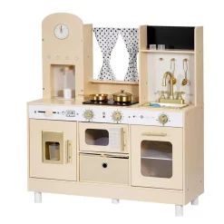 VEVOR Play Kitchen for Kids, Wooden, Kids Kitchen Playset with Realistic Lights & Sounds, Food & Cookware, Modern Style Pretend Play Toy Set, Ice Maker, Microwave, for Toddlers, Girls & Boys Ages 3-8
