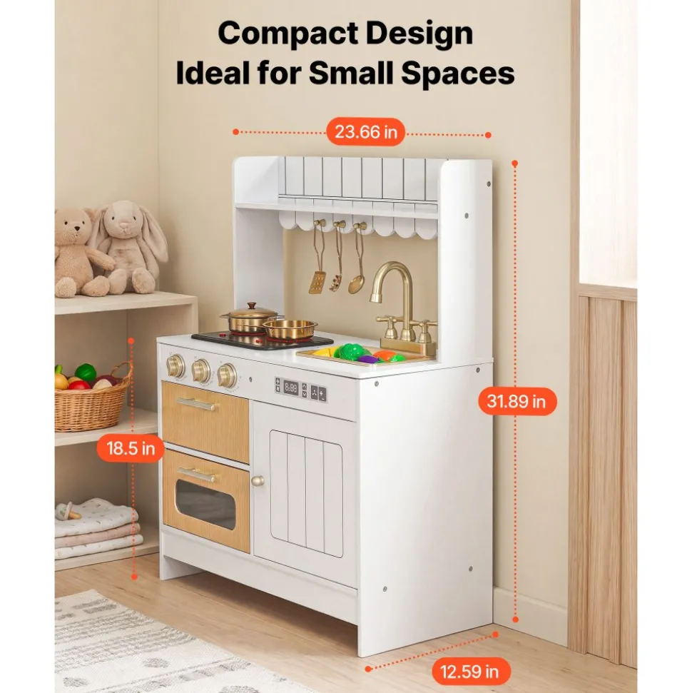 VEVOR Play Kitchen for Kids, Wooden, Kids Kitchen Playset with Real Lights & Sounds, Food & Cookware Accessories, Pretend Play Toy Set, Sink, Oven, Stove, Cabinet, for Toddlers, Girls & Boys Ages 3-8