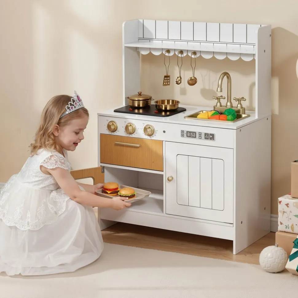 VEVOR Play Kitchen for Kids, Wooden, Kids Kitchen Playset with Real Lights & Sounds, Food & Cookware Accessories, Pretend Play Toy Set, Sink, Oven, Stove, Cabinet, for Toddlers, Girls & Boys Ages 3-8