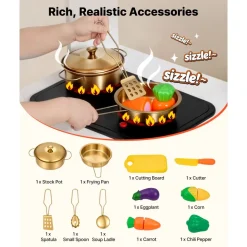 VEVOR Play Kitchen for Kids, Wooden, Kids Kitchen Playset with Real Lights & Sounds, Food & Cookware Accessories, Pretend Play Toy Set, Sink, Oven, Stove, Cabinet, for Toddlers, Girls & Boys Ages 3-8