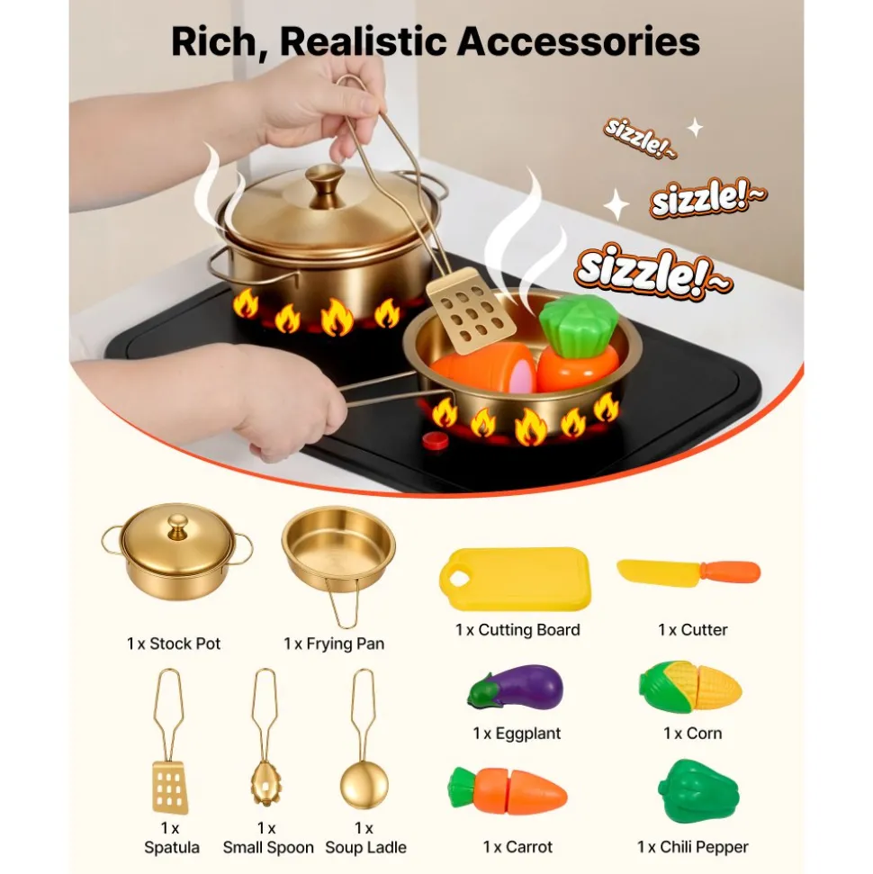 VEVOR Play Kitchen for Kids, Wooden, Kids Kitchen Playset with Real Lights & Sounds, Food & Cookware Accessories, Pretend Play Toy Set, Sink, Oven, Stove, Cabinet, for Toddlers, Girls & Boys Ages 3-8
