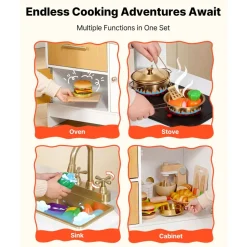 VEVOR Play Kitchen for Kids, Wooden, Kids Kitchen Playset with Real Lights & Sounds, Food & Cookware Accessories, Pretend Play Toy Set, Sink, Oven, Stove, Cabinet, for Toddlers, Girls & Boys Ages 3-8