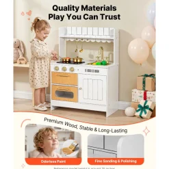 VEVOR Play Kitchen for Kids, Wooden, Kids Kitchen Playset with Real Lights & Sounds, Food & Cookware Accessories, Pretend Play Toy Set, Sink, Oven, Stove, Cabinet, for Toddlers, Girls & Boys Ages 3-8