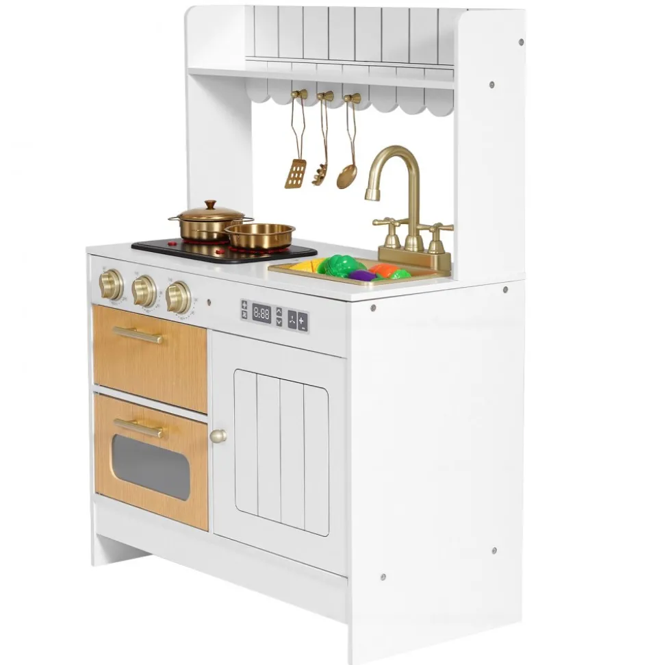 VEVOR Play Kitchen for Kids, Wooden, Kids Kitchen Playset with Real Lights & Sounds, Food & Cookware Accessories, Pretend Play Toy Set, Sink, Oven, Stove, Cabinet, for Toddlers, Girls & Boys Ages 3-8