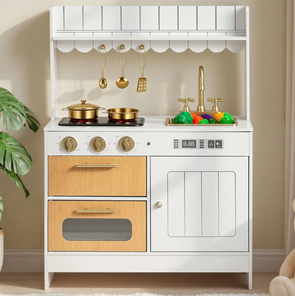 VEVOR Play Kitchen for Kids, Wooden, Kids Kitchen Playset with Real Lights & Sounds, Food & Cookware Accessories, Pretend Play Toy Set, Sink, Oven, Stove, Cabinet, for Toddlers, Girls & Boys Ages 3-8