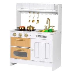 VEVOR Play Kitchen for Kids, Wooden, Kids Kitchen Playset with Real Lights & Sounds, Food & Cookware Accessories, Pretend Play Toy Set, Sink, Oven, Stove, Cabinet, for Toddlers, Girls & Boys Ages 3-8