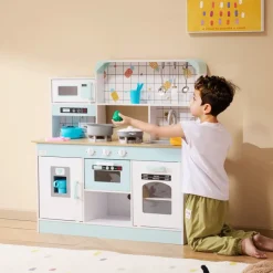 VEVOR Play Kitchen for Kids, Wooden Toy Kitchen Set with Lights and Sounds, Toddler Kitchen with Ice Maker, Oven, Sink, Microwaves, Fridge and Utensil and Fruit Accessory for Toddlers ages 3-8, White