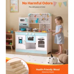 VEVOR Play Kitchen for Kids, Wooden Toy Kitchen Set with Lights and Sounds, Toddler Kitchen with Ice Maker, Oven, Sink, Microwaves, Fridge and Utensil and Fruit Accessory for Toddlers ages 3-8, White