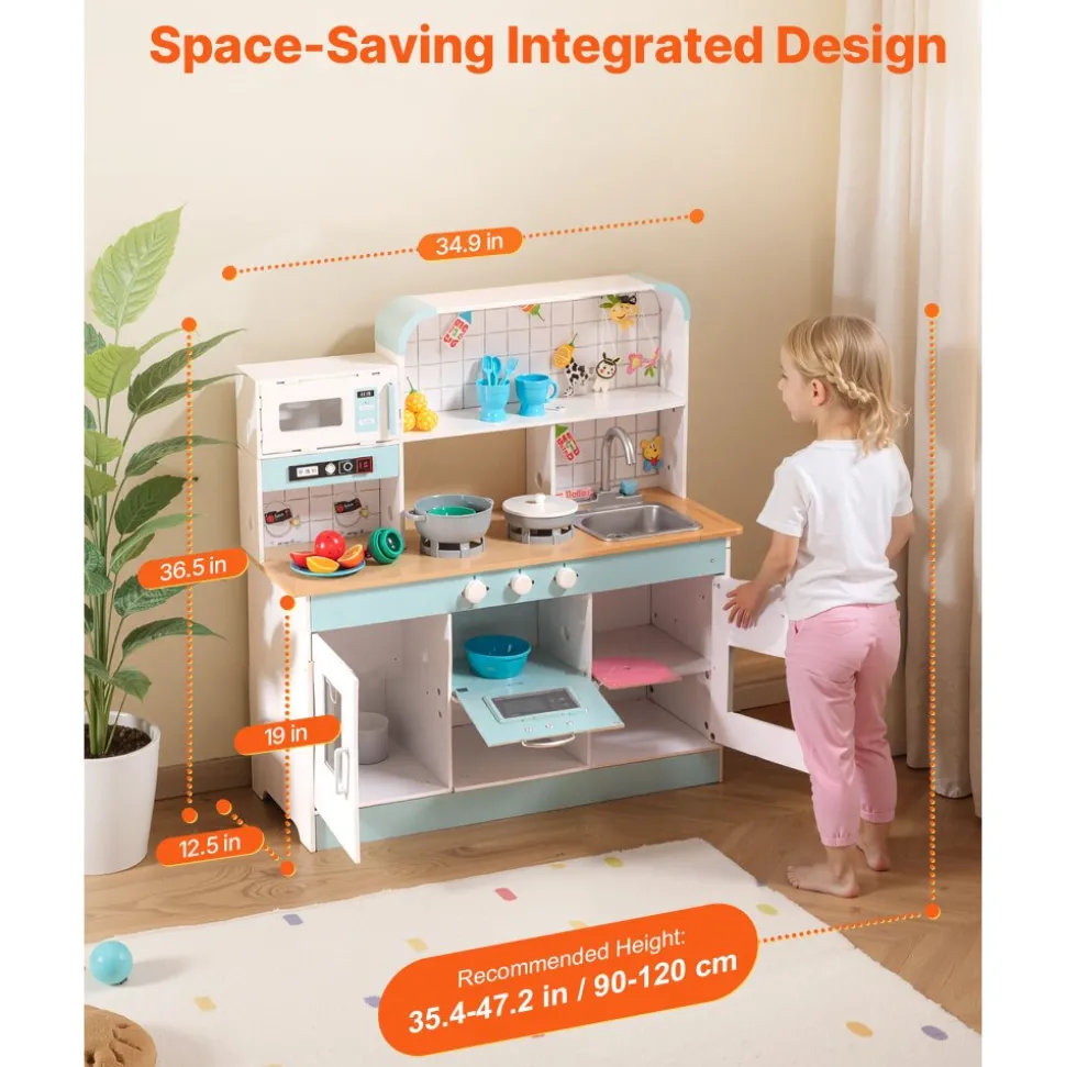 VEVOR Play Kitchen for Kids, Wooden Toy Kitchen Set with Lights and Sounds, Toddler Kitchen with Ice Maker, Oven, Sink, Microwaves, Fridge and Utensil and Fruit Accessory for Toddlers ages 3-8, White