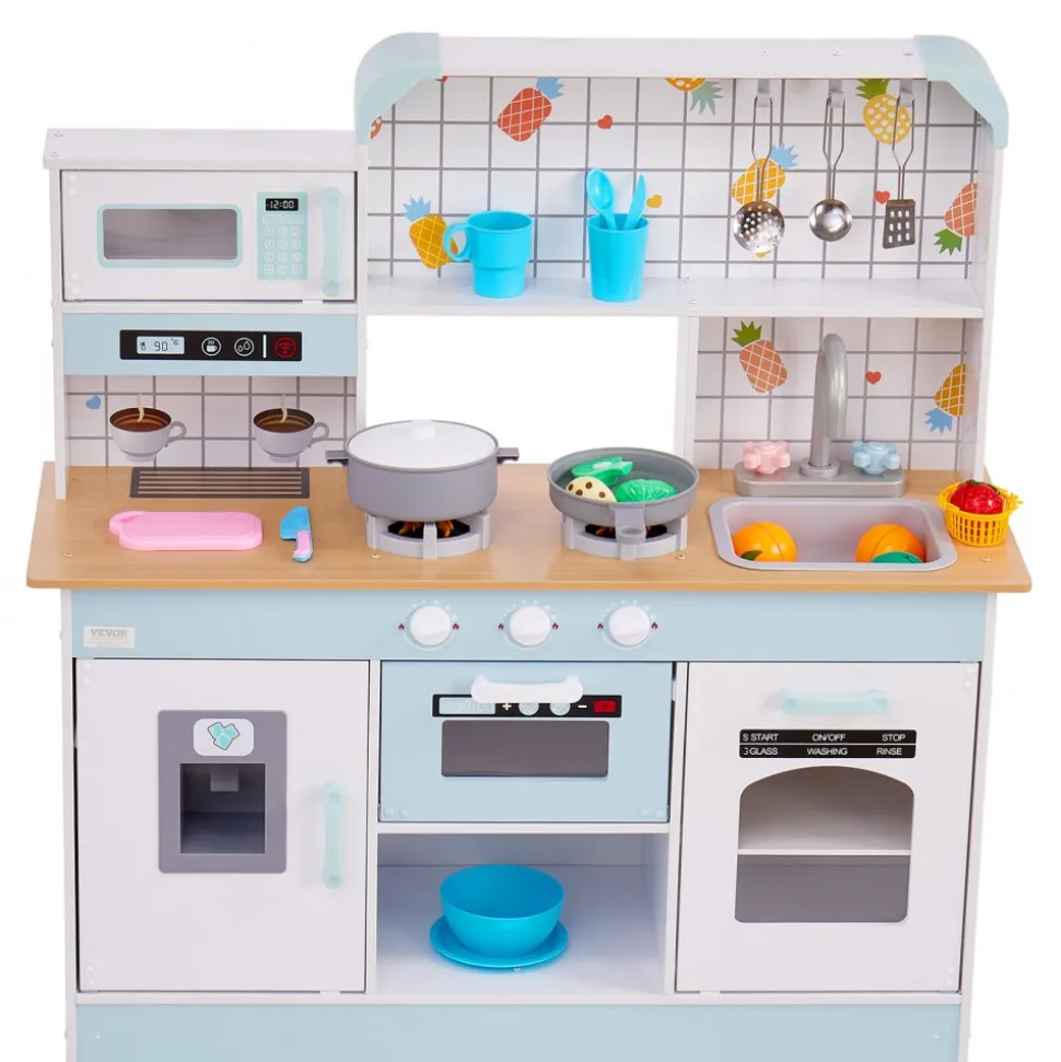 VEVOR Play Kitchen for Kids, Wooden Toy Kitchen Set with Lights and Sounds, Toddler Kitchen with Ice Maker, Oven, Sink, Microwaves, Fridge and Utensil and Fruit Accessory for Toddlers ages 3-8, White
