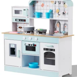 VEVOR Play Kitchen for Kids, Wooden Toy Kitchen Set with Lights and Sounds, Toddler Kitchen with Ice Maker, Oven, Sink, Microwaves, Fridge and Utensil and Fruit Accessory for Toddlers ages 3-8, White