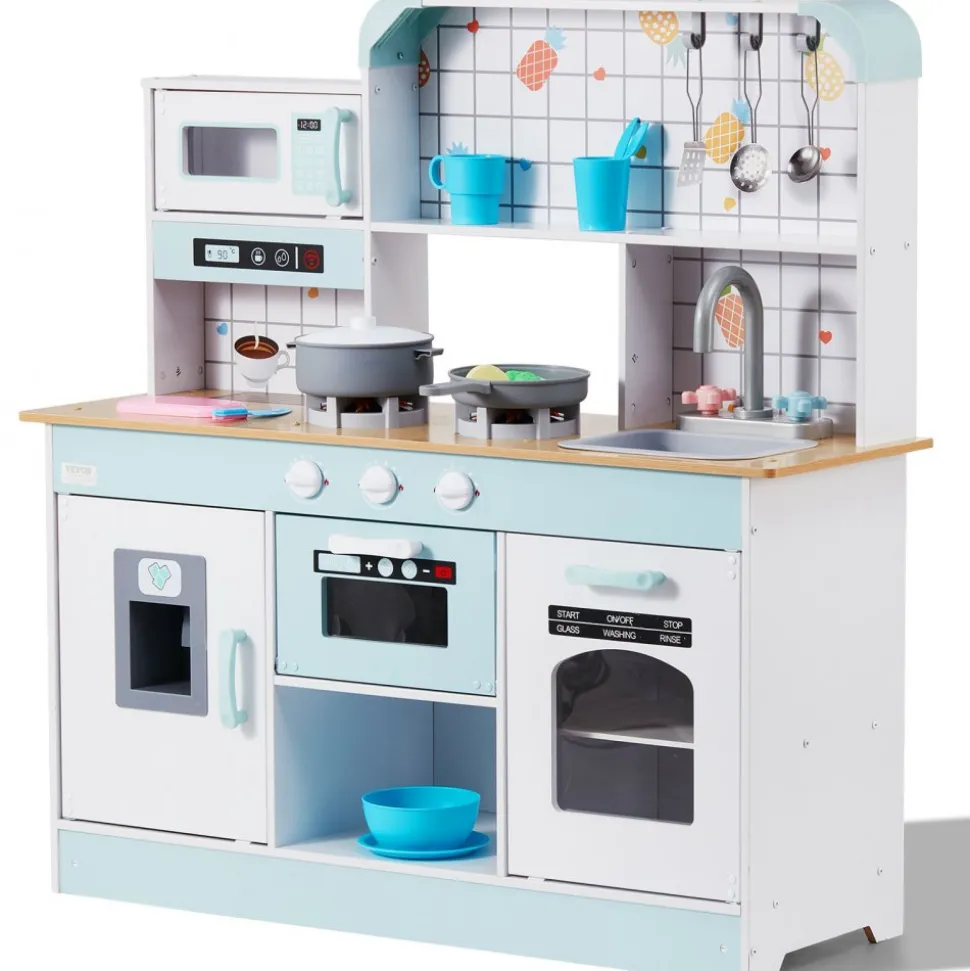 VEVOR Play Kitchen for Kids, Wooden Toy Kitchen Set with Lights and Sounds, Toddler Kitchen with Ice Maker, Oven, Sink, Microwaves, Fridge and Utensil and Fruit Accessory for Toddlers ages 3-8, White