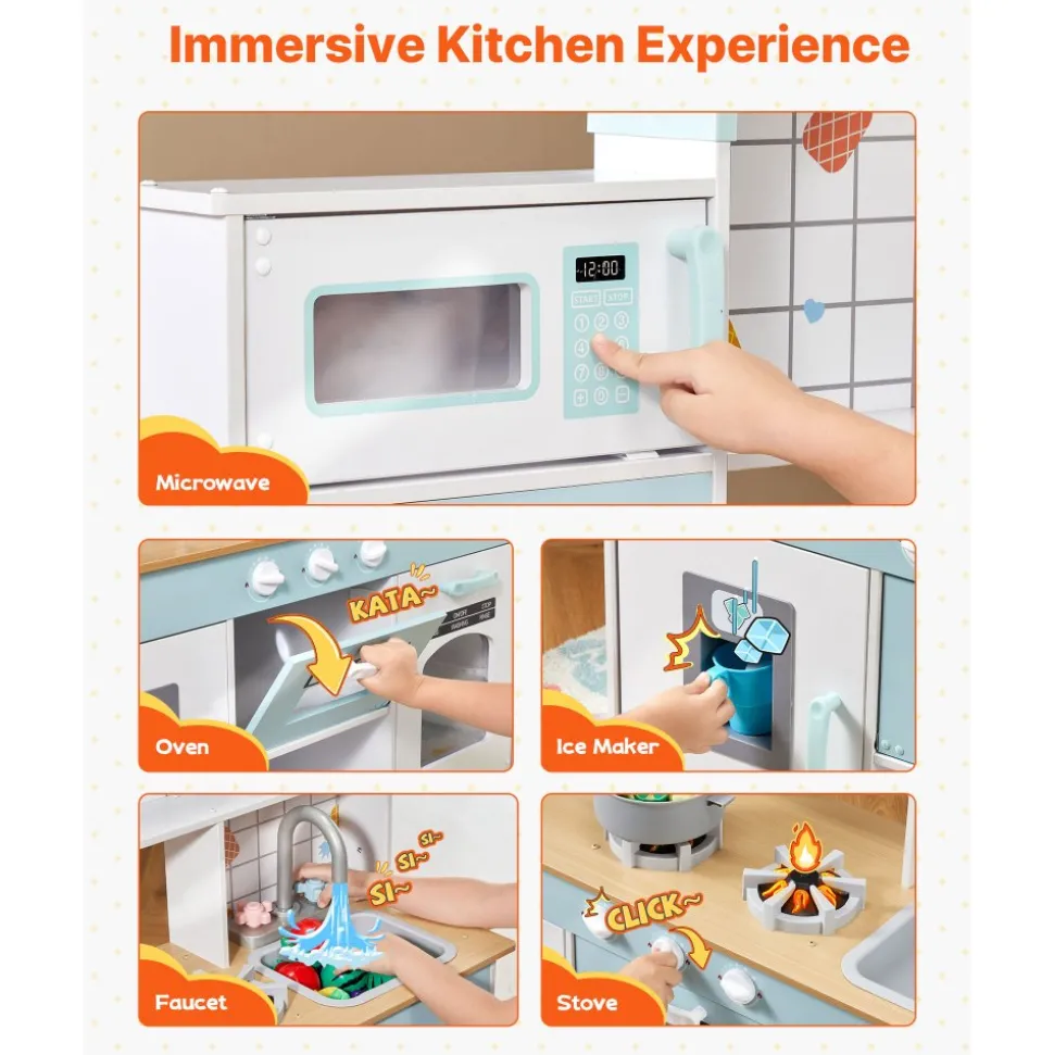 VEVOR Play Kitchen for Kids, Wooden Toy Kitchen Set with Lights and Sounds, Toddler Kitchen with Ice Maker, Oven, Sink, Microwaves, Fridge and Utensil and Fruit Accessory for Toddlers ages 3-8, White