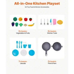 VEVOR Play Kitchen for Kids, Wooden Toy Kitchen Set with Lights and Sounds, Toddler Kitchen with Ice Maker, Oven, Sink, Microwaves, Fridge and Utensil and Fruit Accessory for Toddlers ages 3-8, White