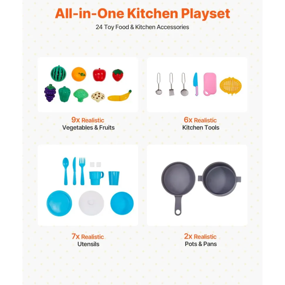 VEVOR Play Kitchen for Kids, Wooden Toy Kitchen Set with Lights and Sounds, Toddler Kitchen with Ice Maker, Oven, Sink, Microwaves, Fridge and Utensil and Fruit Accessory for Toddlers ages 3-8, White
