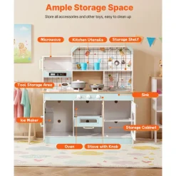 VEVOR Play Kitchen for Kids, Wooden Toy Kitchen Set with Lights and Sounds, Toddler Kitchen with Ice Maker, Oven, Sink, Microwaves, Fridge and Utensil and Fruit Accessory for Toddlers ages 3-8, White