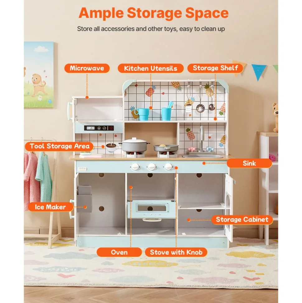 VEVOR Play Kitchen for Kids, Wooden Toy Kitchen Set with Lights and Sounds, Toddler Kitchen with Ice Maker, Oven, Sink, Microwaves, Fridge and Utensil and Fruit Accessory for Toddlers ages 3-8, White
