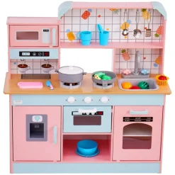 VEVOR Play Kitchen for Kids, Wooden Toy Kitchen Set with Lights and Sounds, Toddler Kitchen with Ice Maker, Oven, Sink, Microwaves, Fridge and Utensil and Fruit Accessory for Toddlers ages 3-8,Pink