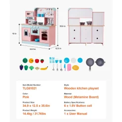 VEVOR Play Kitchen for Kids, Wooden Toy Kitchen Set with Lights and Sounds, Toddler Kitchen with Ice Maker, Oven, Sink, Microwaves, Fridge and Utensil and Fruit Accessory for Toddlers ages 3-8,Pink