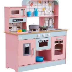 VEVOR Play Kitchen for Kids, Wooden Toy Kitchen Set with Lights and Sounds, Toddler Kitchen with Ice Maker, Oven, Sink, Microwaves, Fridge and Utensil and Fruit Accessory for Toddlers ages 3-8,Pink