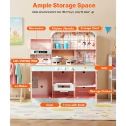VEVOR Play Kitchen for Kids, Wooden Toy Kitchen Set with Lights and Sounds, Toddler Kitchen with Ice Maker, Oven, Sink, Microwaves, Fridge and Utensil and Fruit Accessory for Toddlers ages 3-8,Pink