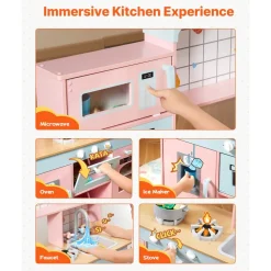 VEVOR Play Kitchen for Kids, Wooden Toy Kitchen Set with Lights and Sounds, Toddler Kitchen with Ice Maker, Oven, Sink, Microwaves, Fridge and Utensil and Fruit Accessory for Toddlers ages 3-8,Pink