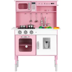 VEVOR Play Kitchen for Kids, Wooden, Kids Kitchen Playset with Real Lights & Sounds, Food & Cookware, Pretend Play Toy Set, Microwave, Oven, Clicking Knobs, for Toddlers, Girls & Boys Ages 3-8, Pink