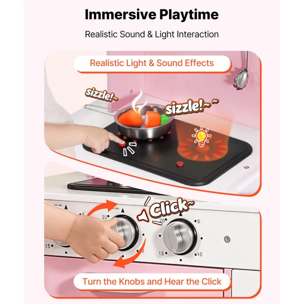 VEVOR Play Kitchen for Kids, Wooden, Kids Kitchen Playset with Real Lights & Sounds, Food & Cookware, Pretend Play Toy Set, Microwave, Oven, Clicking Knobs, for Toddlers, Girls & Boys Ages 3-8, Pink