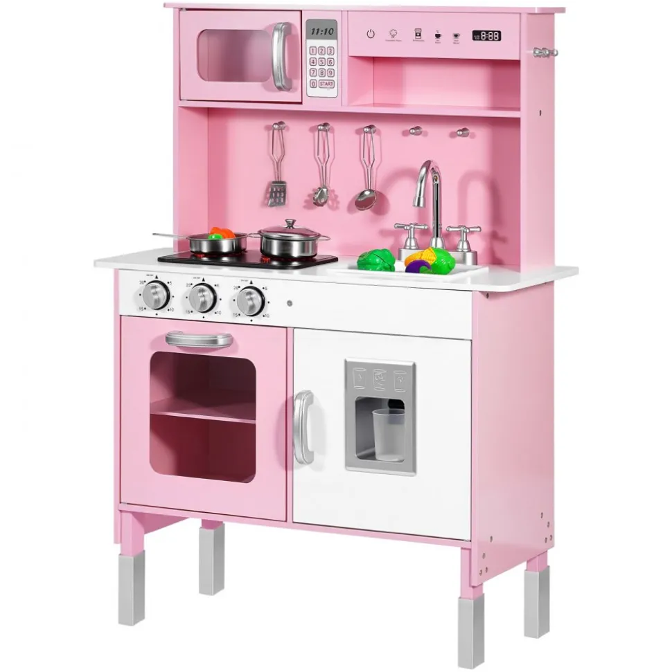 VEVOR Play Kitchen for Kids, Wooden, Kids Kitchen Playset with Real Lights & Sounds, Food & Cookware, Pretend Play Toy Set, Microwave, Oven, Clicking Knobs, for Toddlers, Girls & Boys Ages 3-8, Pink