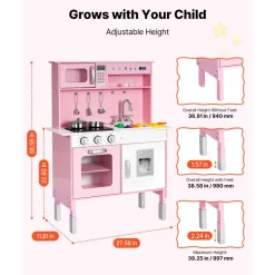 VEVOR Play Kitchen for Kids, Wooden, Kids Kitchen Playset with Real Lights & Sounds, Food & Cookware, Pretend Play Toy Set, Microwave, Oven, Clicking Knobs, for Toddlers, Girls & Boys Ages 3-8, Pink