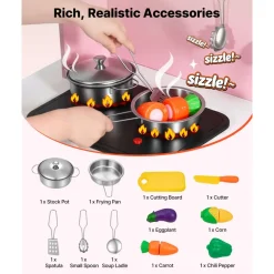 VEVOR Play Kitchen for Kids, Wooden, Kids Kitchen Playset with Real Lights & Sounds, Food & Cookware, Pretend Play Toy Set, Microwave, Oven, Clicking Knobs, for Toddlers, Girls & Boys Ages 3-8, Pink